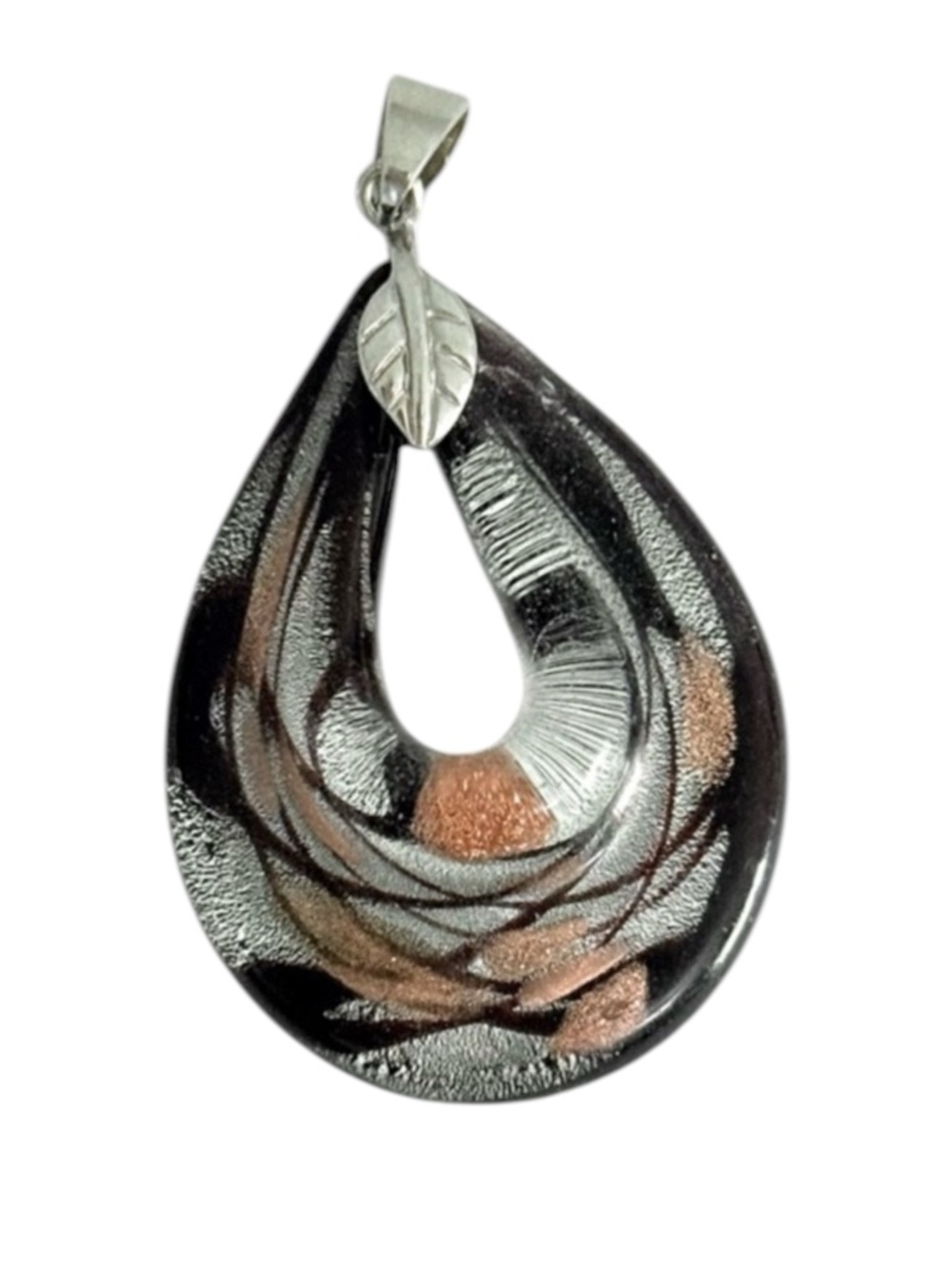 Teardrop Glass Pendant Encapsulated Metallic Swirl Design Black Silver Rosegold